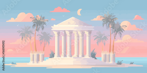A majestic white classical temple with ornate columns and pediment, flanked by palm trees.