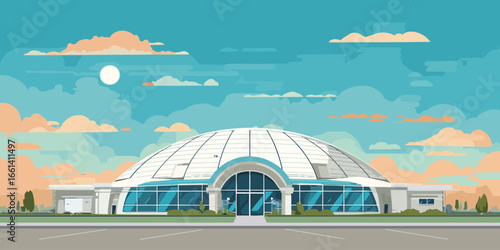 Modern architectural building with a large white segmented dome and glass facade.