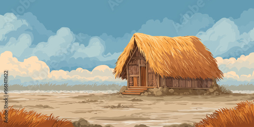 A solitary, rustic wooden hut with a prominent golden thatched roof and stone foundation.