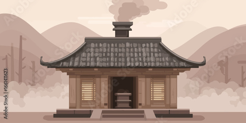 A traditional Japanese wooden temple with a curved tiled roof and a smoking chimney.