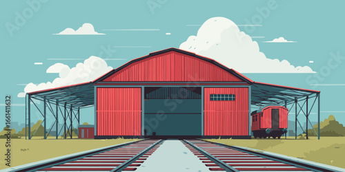 Minimalist illustration of a red corrugated metal train depot with open bay doors and railway tracks leading inside.