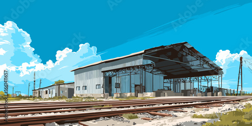 Vector illustration of an old industrial warehouse with corrugated metal siding beside rusty railway tracks.