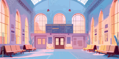 Illustrated Grand Train Station Interior with Pastel Sunrise Light and Benches