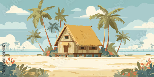 Vector illustration of a secluded wooden beach bungalow with a thatched roof, surrounded by lush palm trees on a sandy shore.