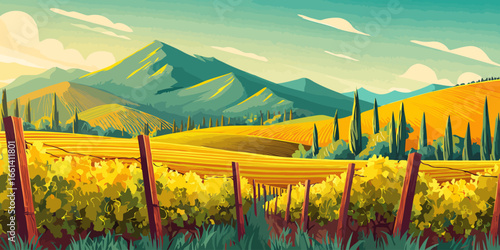 Vibrant illustration of a sunlit vineyard with rolling golden hills and distant mountains.