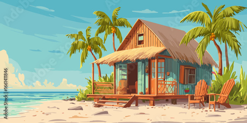 A charming wooden beach bungalow with a thatched roof, surrounded by lush palm trees on a tranquil sandy shore.