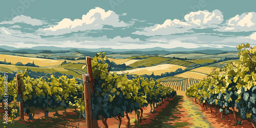 Stylized vector illustration of a scenic vineyard with rolling hills and grapevines.