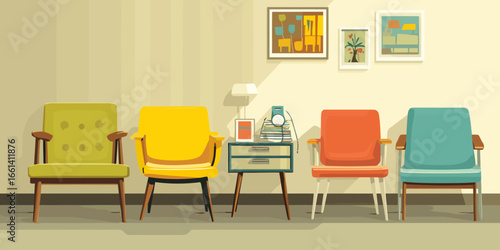 Colorful Mid-Century Modern Armchairs in a Stylized Retro Waiting Room Illustration.