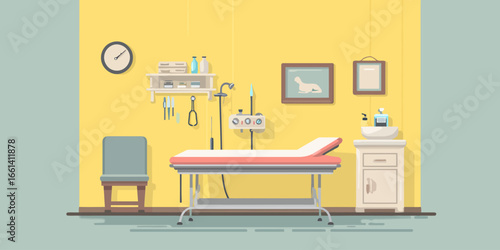 Flat vector illustration of a modern veterinary clinic examination room with medical equipment and furniture.
