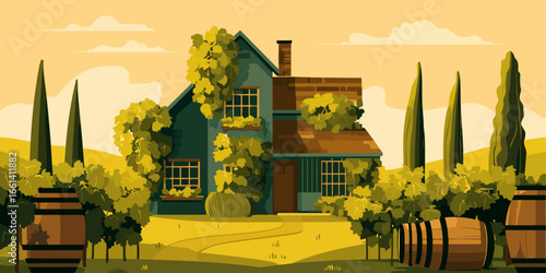 Picturesque vineyard landscape illustration with a rustic house, grapevines, and wooden barrels.