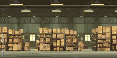 Stylized illustration of a dimly lit industrial warehouse with shelves stacked high with cardboard boxes.