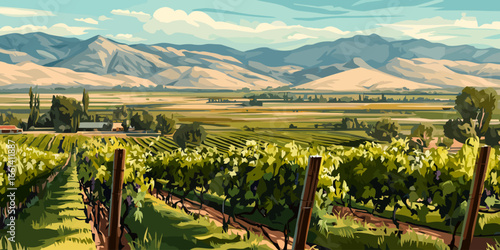 Lush green vineyard rows in a sunlit valley with a mountain range backdrop, vector art style.