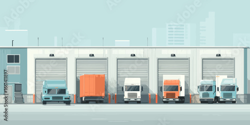 Flat design illustration of a modern warehouse with colorful trucks parked at loading bays.