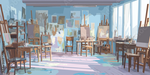 Sunlit artist's studio illustration with wooden easels, canvases, and a paint-splattered floor.
