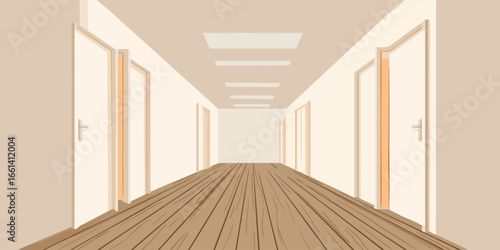 Minimalist illustration of a long, empty corridor with a wooden floor and closed doors.
