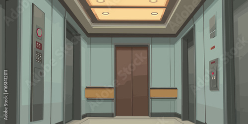 A stylized illustration of a modern, symmetrical elevator lobby with warm recessed ceiling lights and three sets of closed doors.