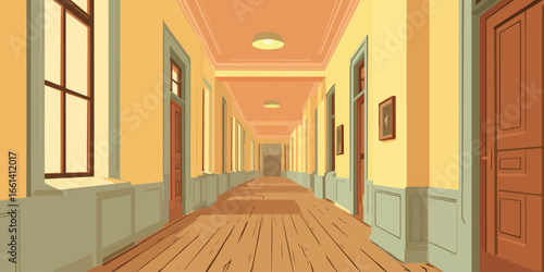 Illustrated long empty corridor with warm lighting, wooden floors, and a vanishing point perspective.