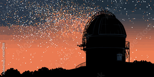 Black silhouette of a domed astronomical observatory against a dense, starry night sky.