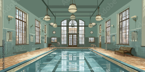 Elegant vintage indoor swimming pool hall with large arched windows and teal tiled walls.