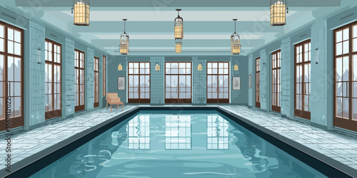 Elegant Art Deco indoor swimming pool with tiled walls, large windows, and ornate lantern lighting.