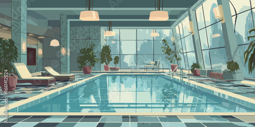 Stylized illustration of a tranquil indoor swimming pool with lounge chairs and large windows.