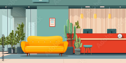 Modern office lobby interior with a vibrant yellow sofa and red reception desk. Flat vector illustration style.