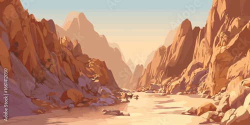 Majestic sunlit canyon with a winding river, depicted in a stylized vector art style.