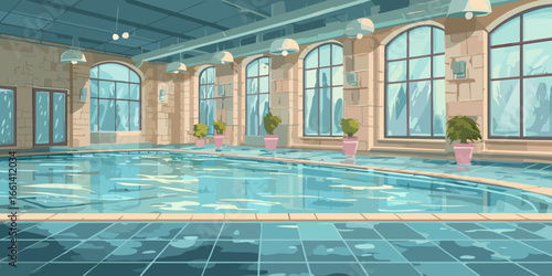 Stylized illustration of a tranquil indoor swimming pool with stone walls, arched windows, and reflective water.
