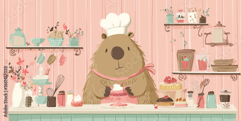 Adorable furry capybara chef in a white toque and pink apron, happily decorating a sweet dessert.