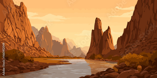 Vector illustration of a serene desert canyon with a river and red rock formations at sunset.