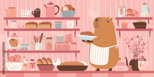 Charming illustrated capybara baker wearing a striped apron and holding a bowl in a cozy bakeshop.