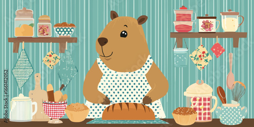 Charming Capybara in a Polka-Dot Apron Slicing Freshly Baked Bread in a Cozy Kitchen