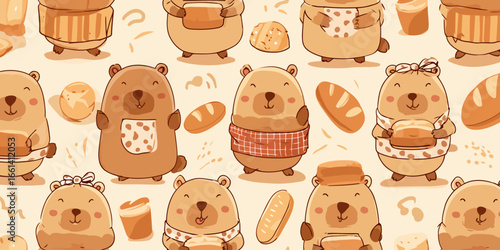 Charming seamless pattern of cute hand-drawn baker bears holding fresh bread loaves.