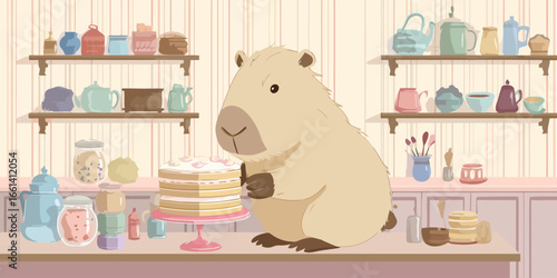 Adorable illustrated capybara character standing and holding a delicious multi-layered cake with white frosting on a pink stand.