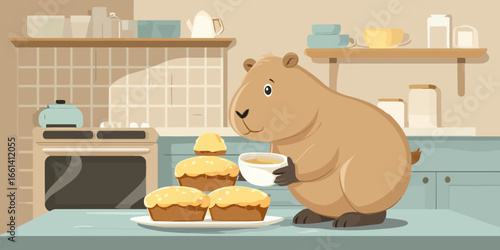Adorable brown cartoon capybara holding a white cup, standing beside a plate of freshly baked muffins.