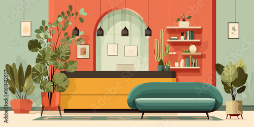Chic modern lobby interior with a teal sofa, reception desk, and lush potted plants.