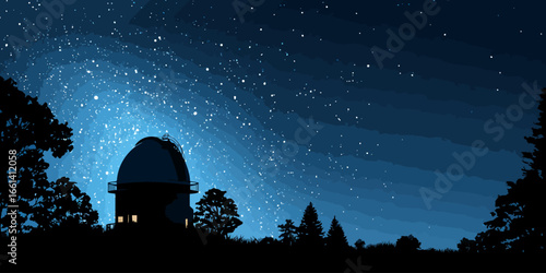 Astronomical observatory silhouette with a dome against a brilliant, star-filled night sky.