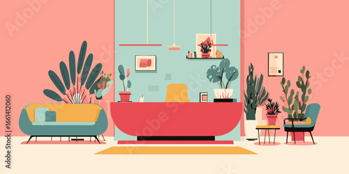 Flat vector illustration of a modern office lobby with colorful furniture and lush indoor plants.