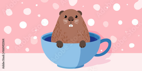 Cute cartoon beaver with buck teeth and whiskers sitting inside a large blue teacup.