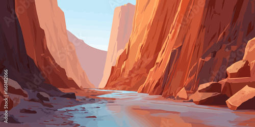 Stylized illustration of a majestic red rock canyon with a serene river flowing through its base.