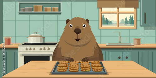 A friendly cartoon beaver with a happy expression presenting a tray of freshly baked cookies.