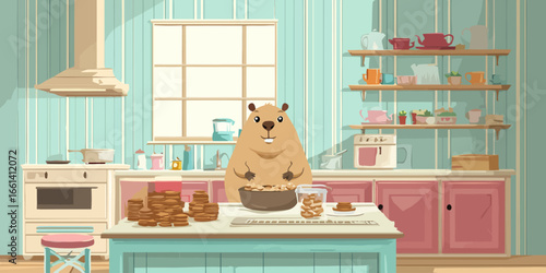 A cheerful, plump groundhog character with buck teeth, happily standing behind a table with a bowl and large stacks of pancakes.