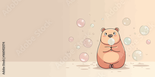 Adorable chubby cartoon bear sitting and blowing a large soap bubble with a wand, surrounded by colorful floating bubbles.