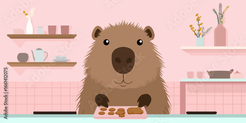 A cute illustrated capybara with spiky brown fur, smiling while holding a tray of cookies.