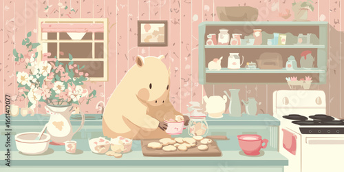 Adorable cream-colored wombat character baking cookies and holding a pink mug in a cozy, pastel-colored kitchen illustration.