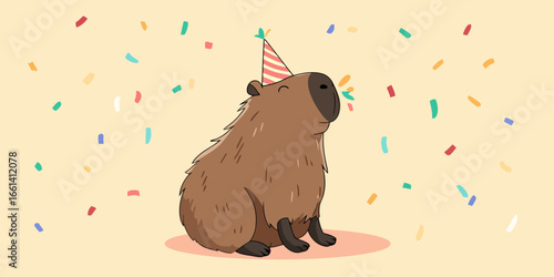 A cute cartoon capybara with shaggy brown fur wearing a striped party hat and smiling contentedly.