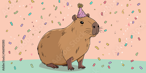 A cute cartoon capybara with brown fur wearing a festive pink party hat with a yellow pom-pom.