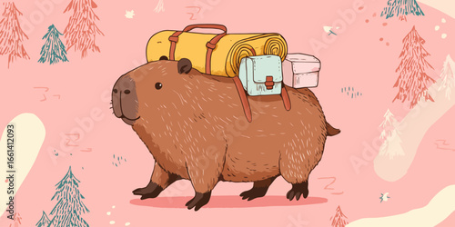 Illustrated brown capybara hiker with a yellow bedroll and travel backpack.