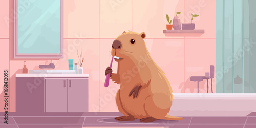 Adorable cartoon capybara with fluffy brown fur holding a pink toothbrush to its white teeth.