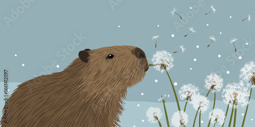 Illustrated brown capybara with shaggy fur blowing on a white dandelion seed head.